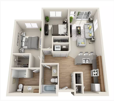 Floor plan for 2 beds, 2 baths, 1030 sqft